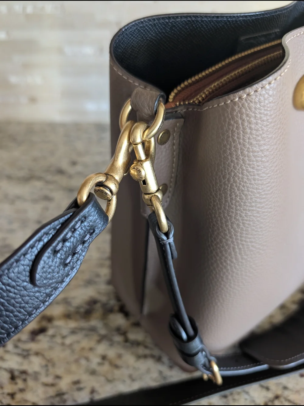 Coach Pebbled Leather Willow Bucket Bag in Dark Stone (Taupe) with Black Straps